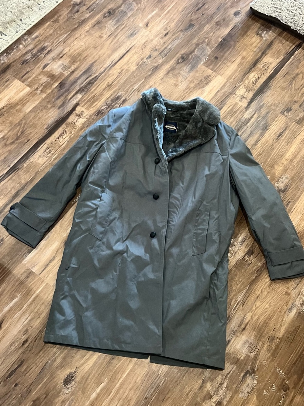 Towncraft Gray-Green Trench Coat with Faux Fur Collar